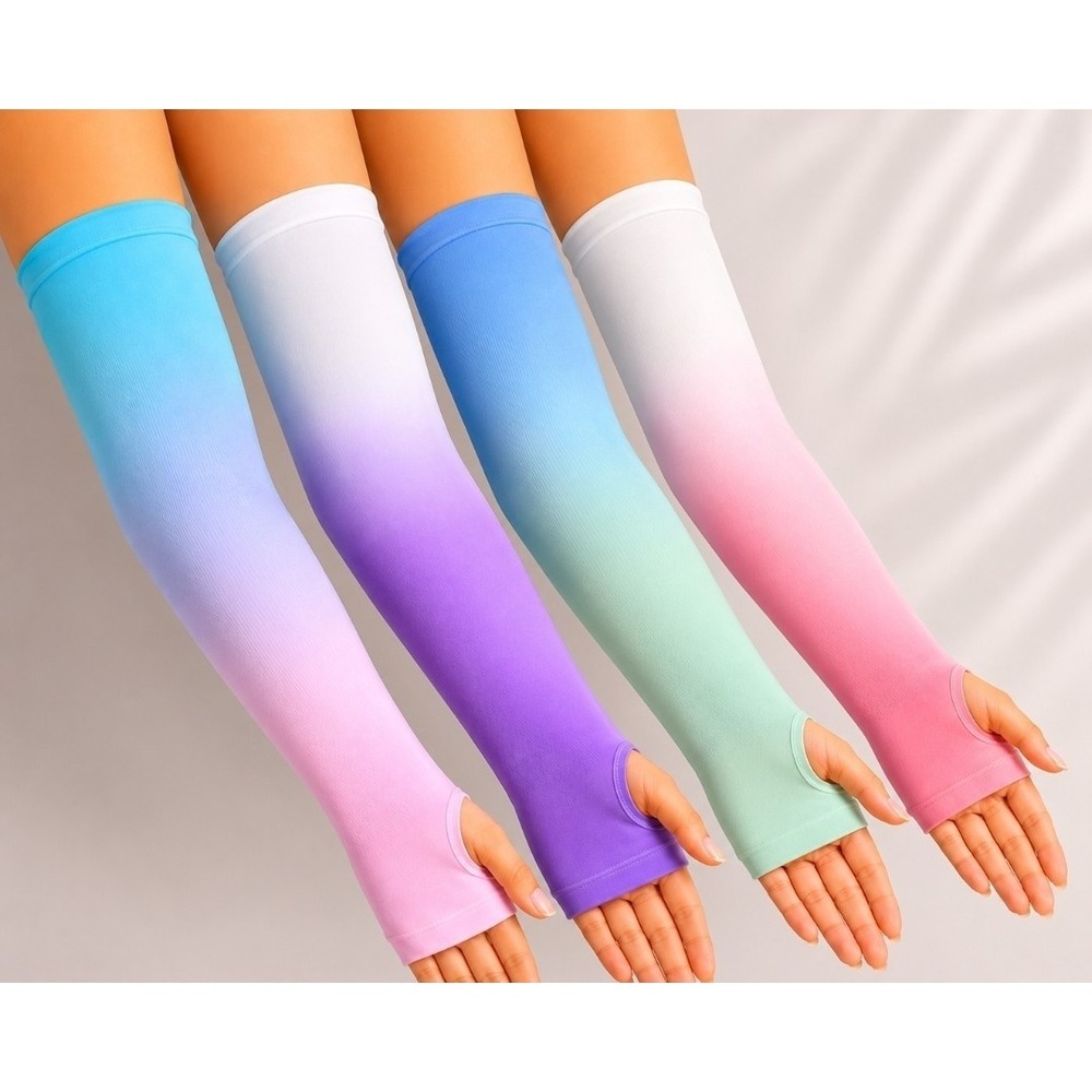 4 Pair Gradient UV Protection Arm Sleeves Thumb Hole Cooling Compression Ombre